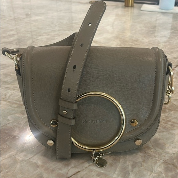 See By Chloe Taupe Leather Crossbody Bag with signature Gold Ring - Picture 2 of 9